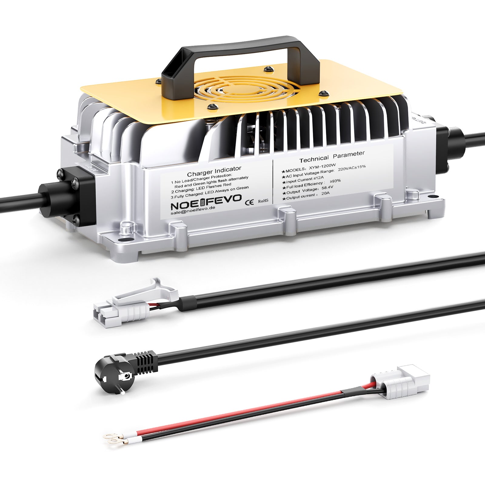 NOEIFEVO 58.4V 20A Lithium Lifepo4 batteriladdare för 48V (51.2V)16S batteri, vattentät, 0 V BMS aktivering, automatisk avstängning med fullt skydd