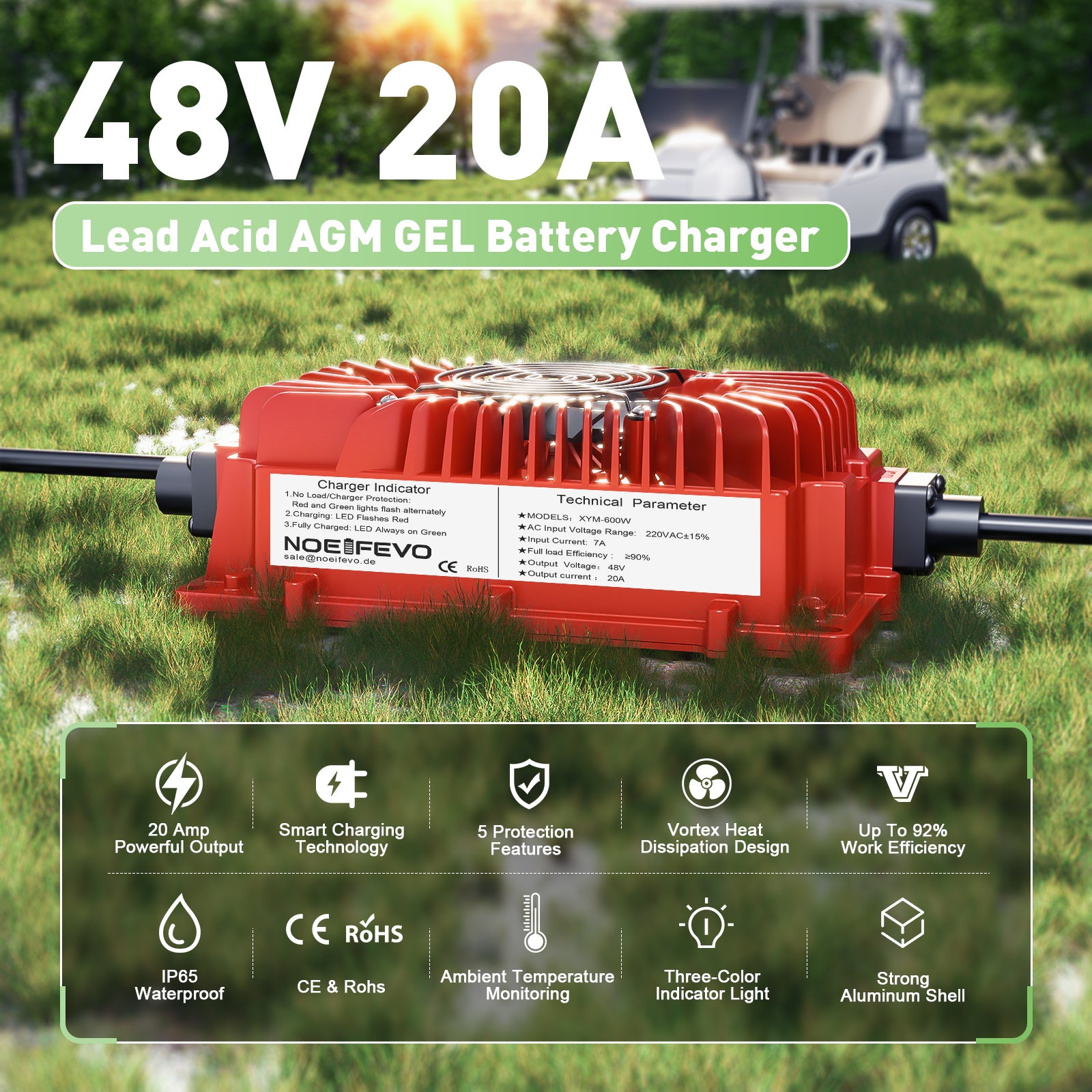 NOEIFEVO 48V 20A batterioplader til blysyrebatterier, AGM, gel, golfvogn batterioplader