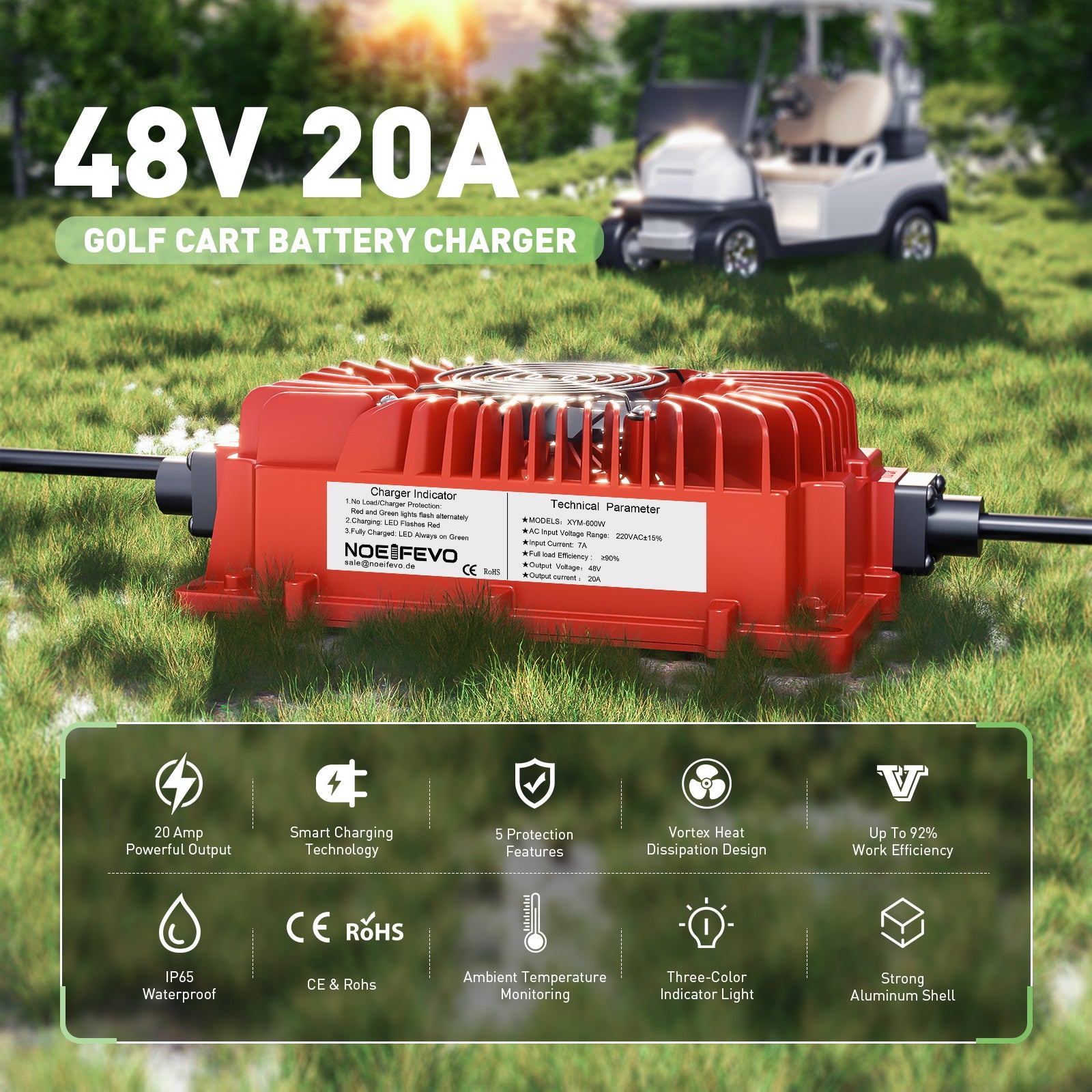 NOEIFEVO 48V 20A Golfwagen Batterieladegerät für Club Car Precedent & DS mit OBC Kabel