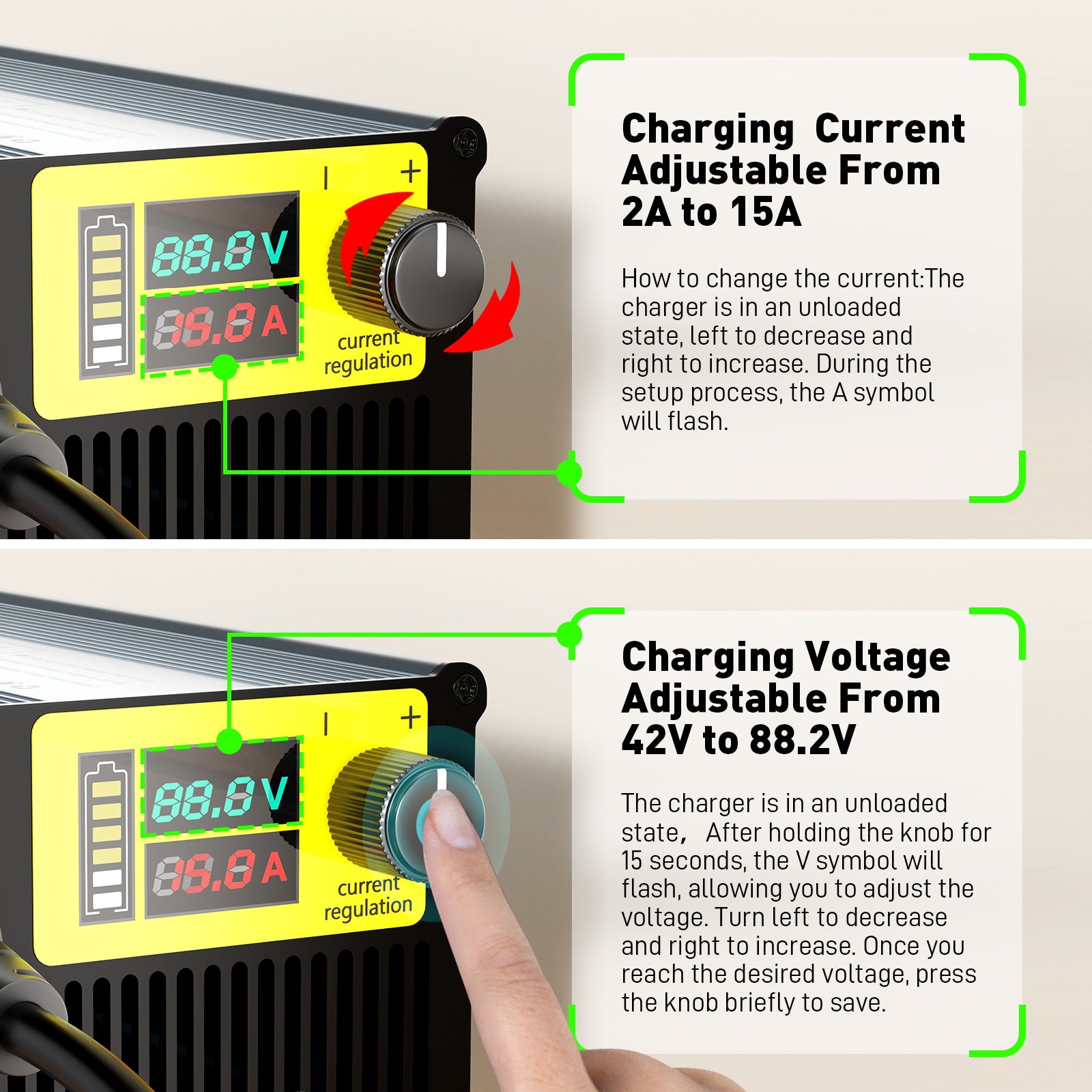 Cargador de litio LiFePO4 de iones de litio ajustable de voltaje de 42 V-88,2 V de NOEIFEVO de 15 A para baterías de 36 V, 48 V, 60 V, 72 V y 84 V