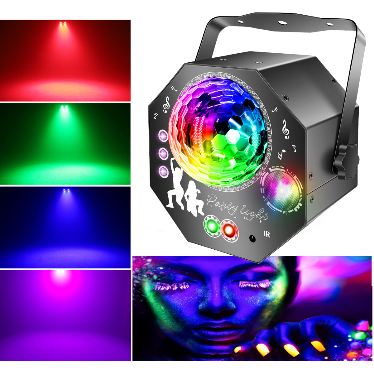 4-i-1 discokule – partylampe med 64 mønstre, musikkstyrt discolampe med fjernkontroll, RGB-UV-strobelys for hjemmet, bar, klubb, uteområder og bursdagsfester