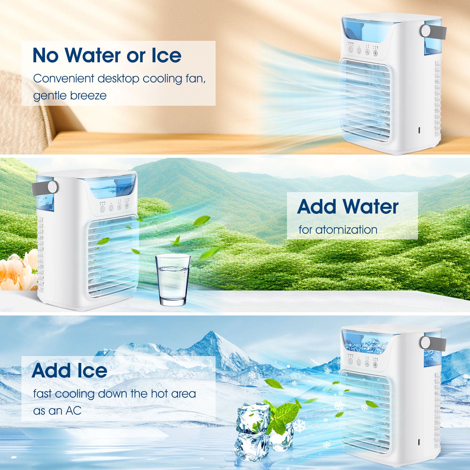 Mobiele airconditioner, 700 ml mini-airconditioner, draagbare mobiele airconditioner 4 in 1 met USB, met timer van 2/4/6 uur, 3 snelheden en 2 mistmodi, 7 kleuren, mini-luchtkoeler voor thuis, op kantoor