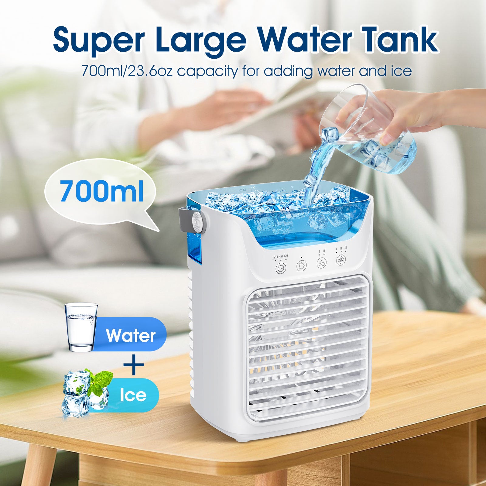 Mobiele airconditioner, 700 ml mini-airconditioner, draagbare mobiele airconditioner 4 in 1 met USB, met timer van 2/4/6 uur, 3 snelheden en 2 mistmodi, 7 kleuren, mini-luchtkoeler voor thuis, op kantoor