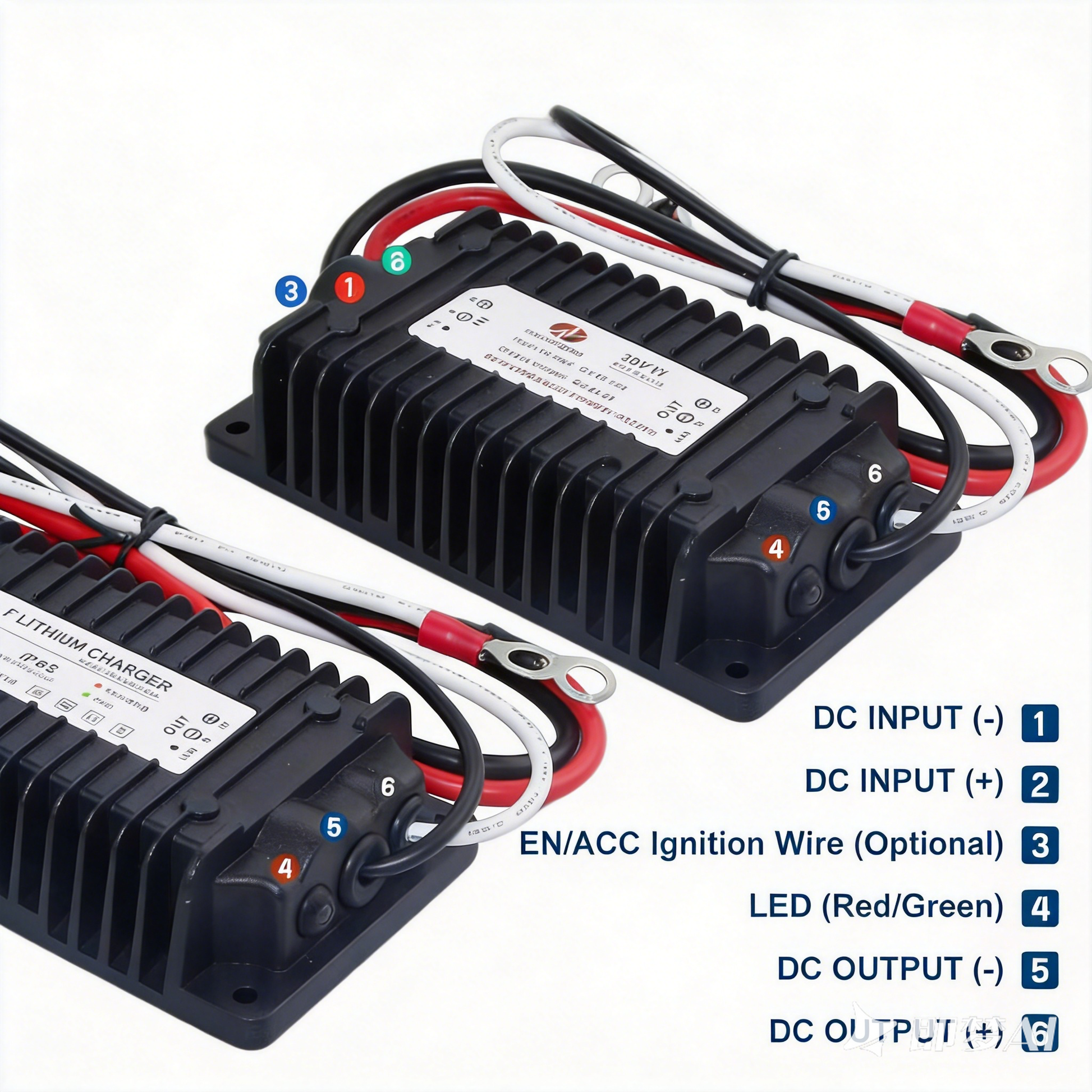 NOEIFEVO Waterdichte DC 10-36V naar 14,6V/29,2V/43,8V LiFePO4-lithiumbatterijlader voor campers, boten, auto's en dual-batterij-energieopslagsystemen