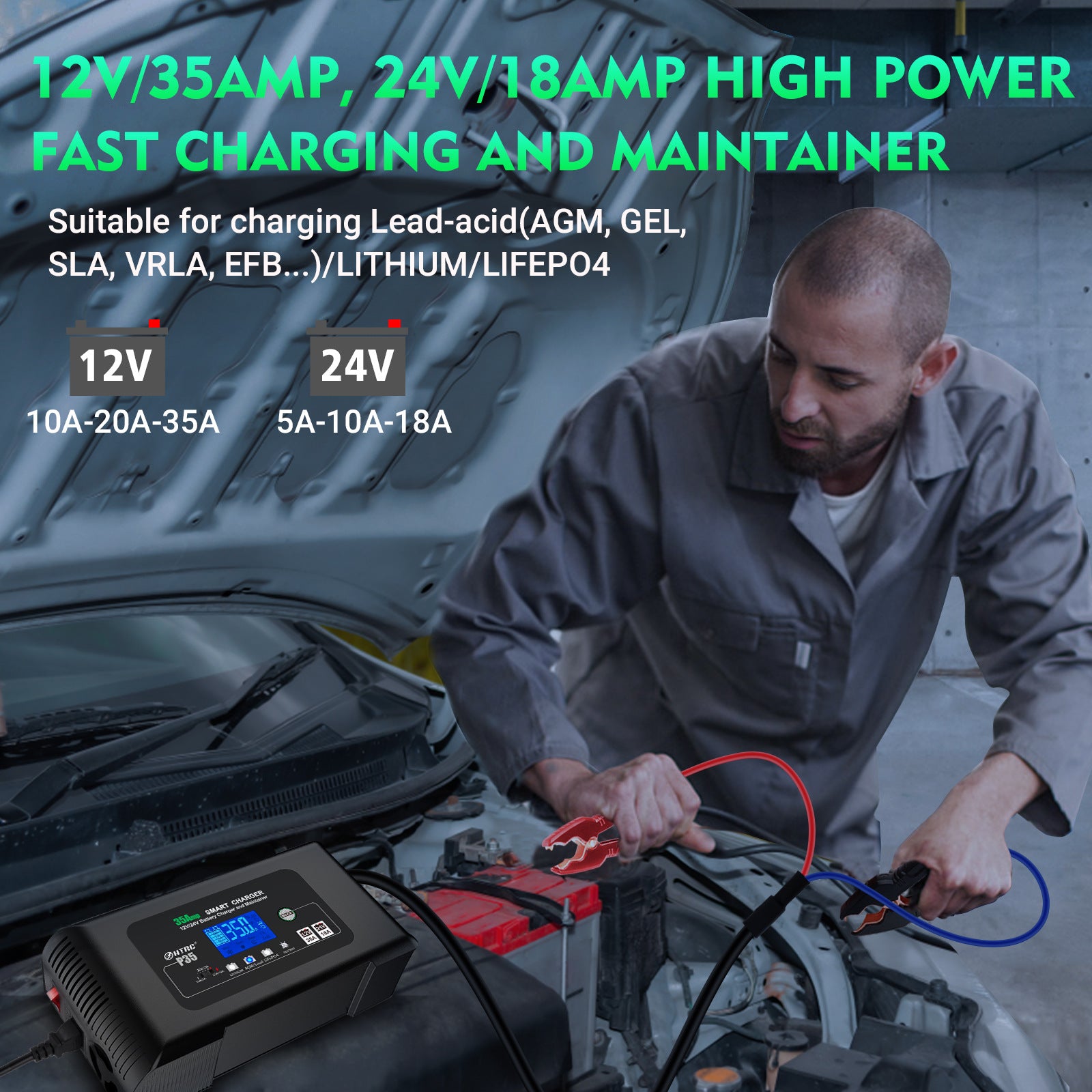 NOEIFEVO 12V 35A/24V 18A Slimme Acculaders voor Autobatterijen, Acculader voor Auto's, Motoren, Grasmaaiers, Boten, Geschikt voor Lithium, LiFePO4 en Loodzuurbatterijen (AGM, Gel, MF, EFB, SLA, VRLA, Nat)