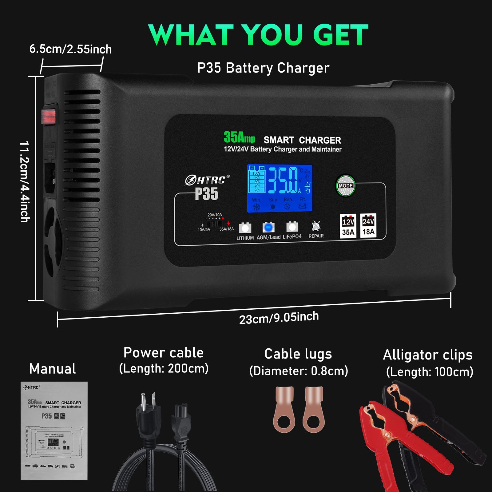 NOEIFEVO 12V 35A/24V 18A Smart Batterilader til Bilbatterier, Batterilader til Biler, Motorcykler, Plæneklippere, Både, Velegnet til Lithium, LiFePO4 og Bly-syre Batterier (AGM, Gel, MF, EFB, SLA, VRLA, Våde)