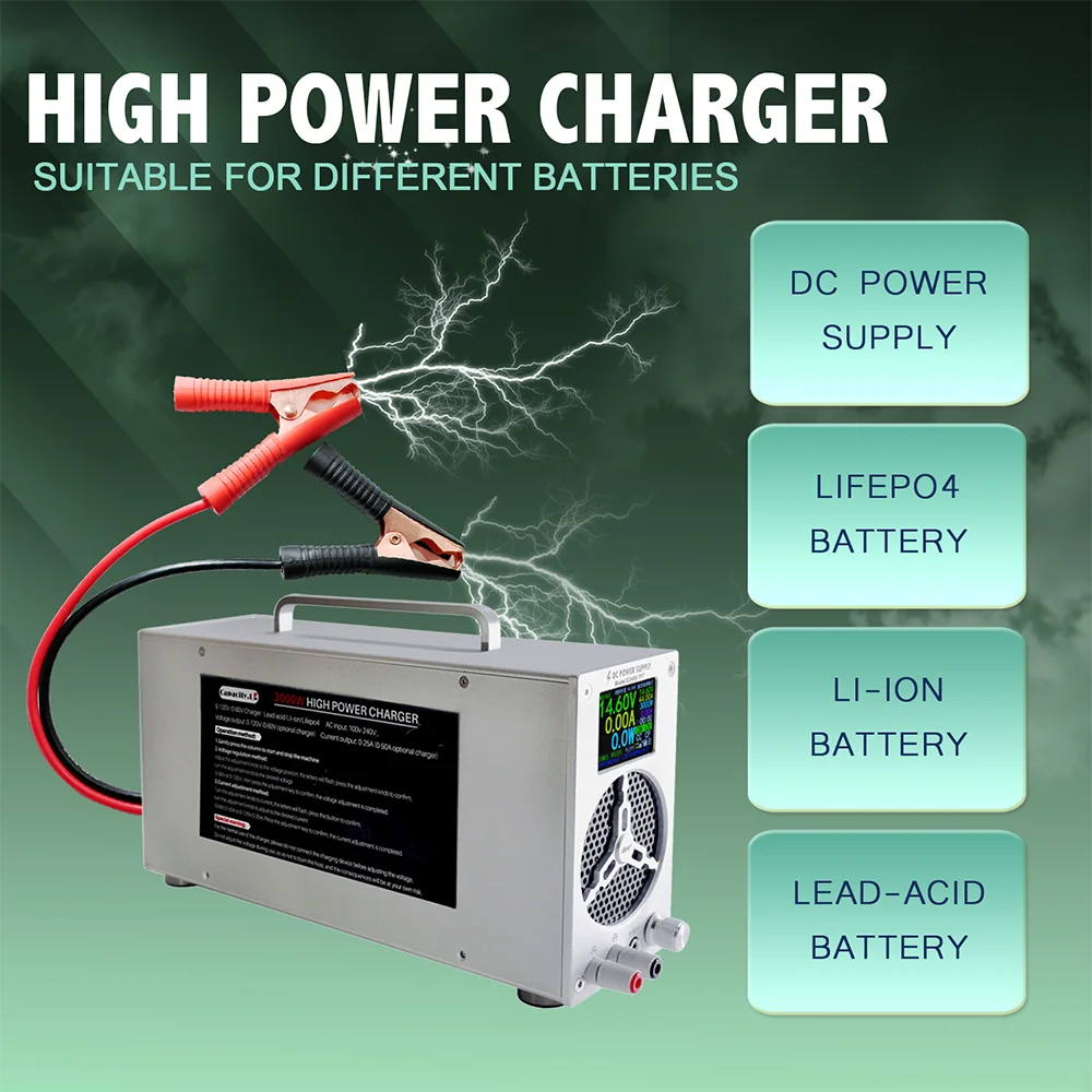 NOEIFEVO 0-120V 1-25A Caricabatterie universale, caricabatterie a corrente continua, caricabatterie per batterie al litio LiFePO4, caricabatterie per batterie al piombo, adatto per tutte le batterie con una tensione di carica fino a 120 V.